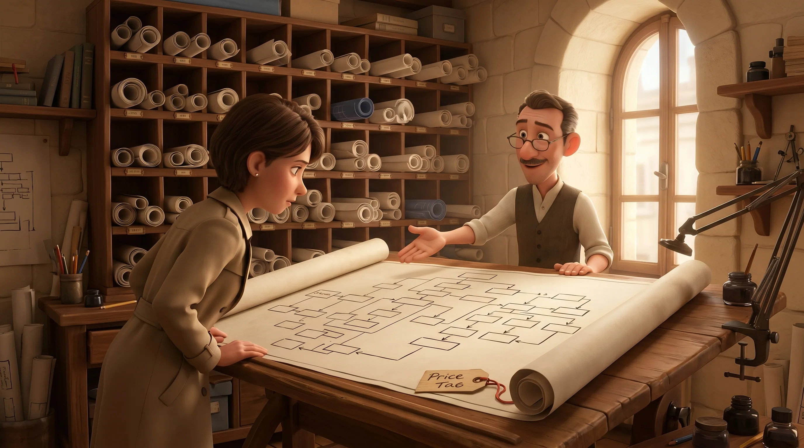 Two agents at a wooden drafting table examining a paper blueprint of a flow diagram